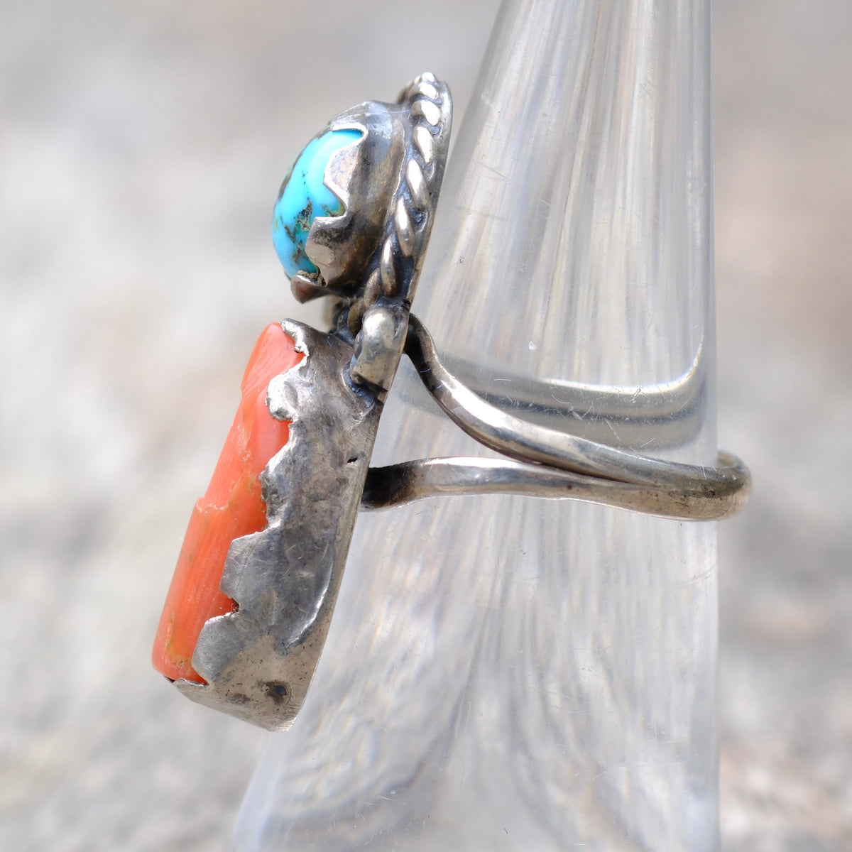 Vintage Sterling Turquoise and Coral Feather Ring 5.75