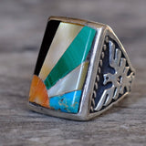 Vintage Sterling Multi Stone Sunrise Inlay Thunderbird Ring 8