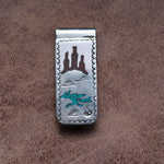 Vintage Sterling Turquoise and Coral Inlay Money Clip