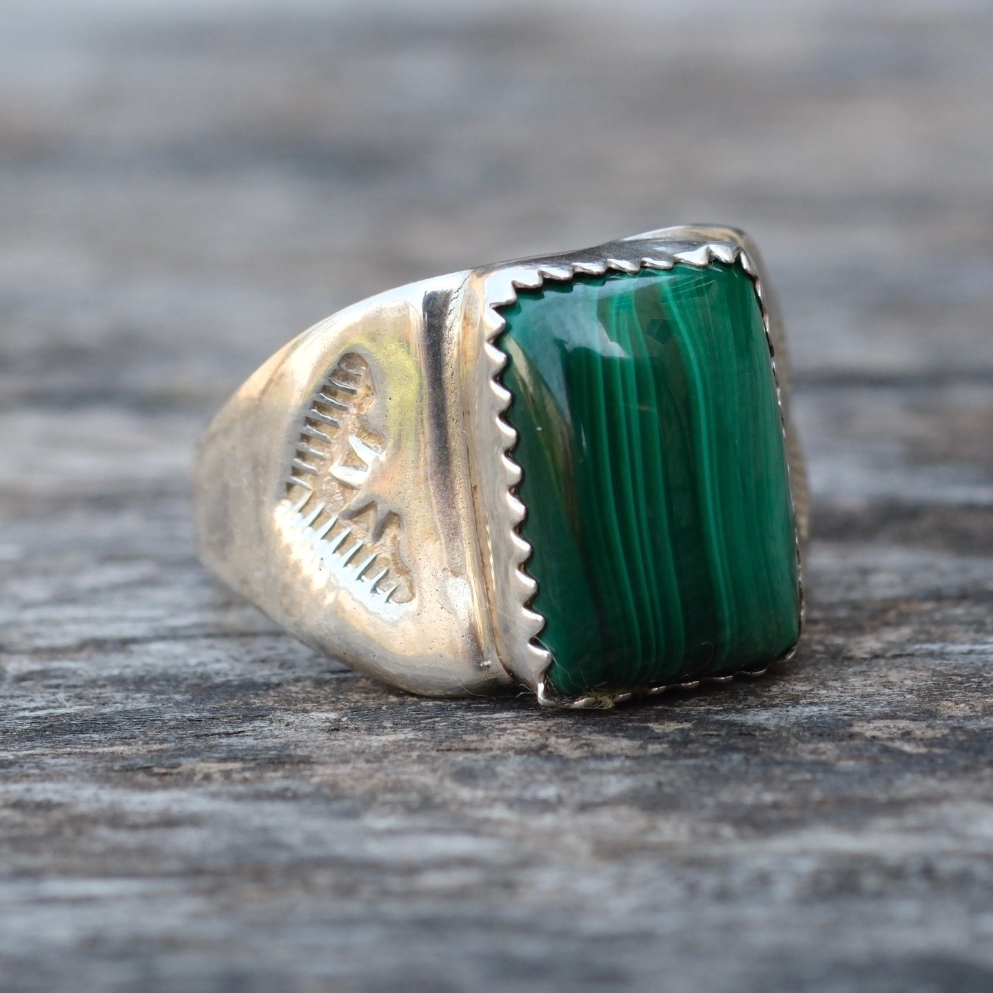 Vintage Sterling Malachite Stamped Band Ring 7.25