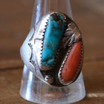 Vintage Sterling Turquoise and Coral Chunky Navajo Ring 10.75