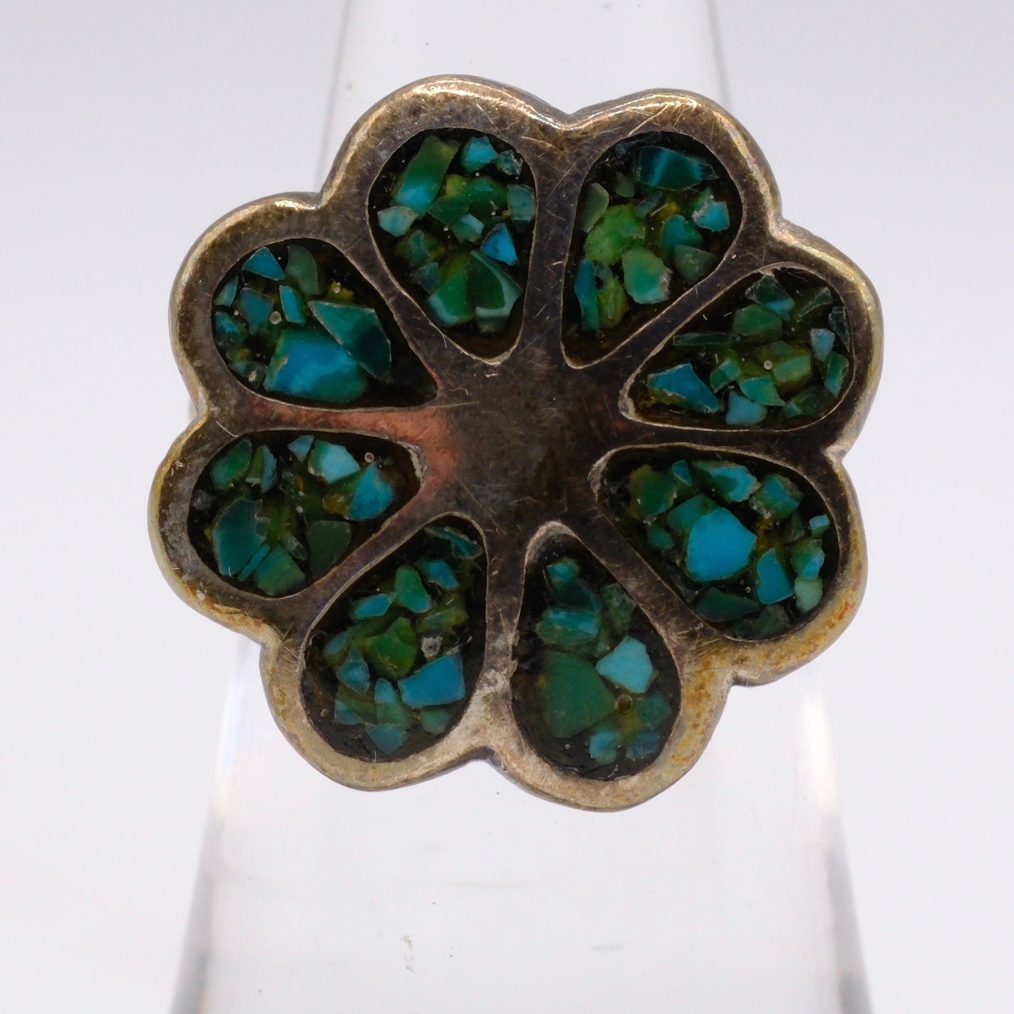 Vintage Sterling Turquoise Inlay Floral Ring 6.25