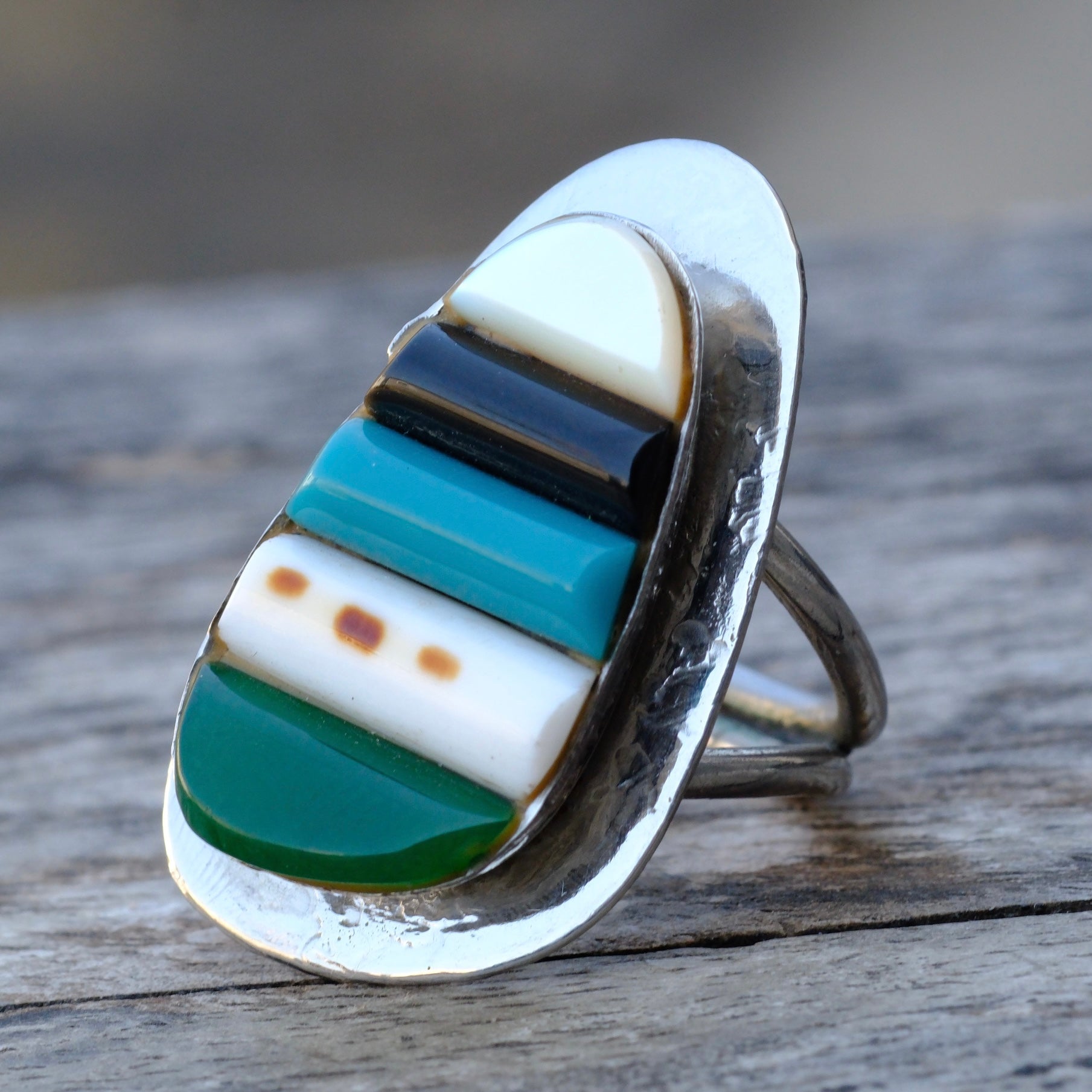 Vintage Sterling Multistone Inlay Ring 5