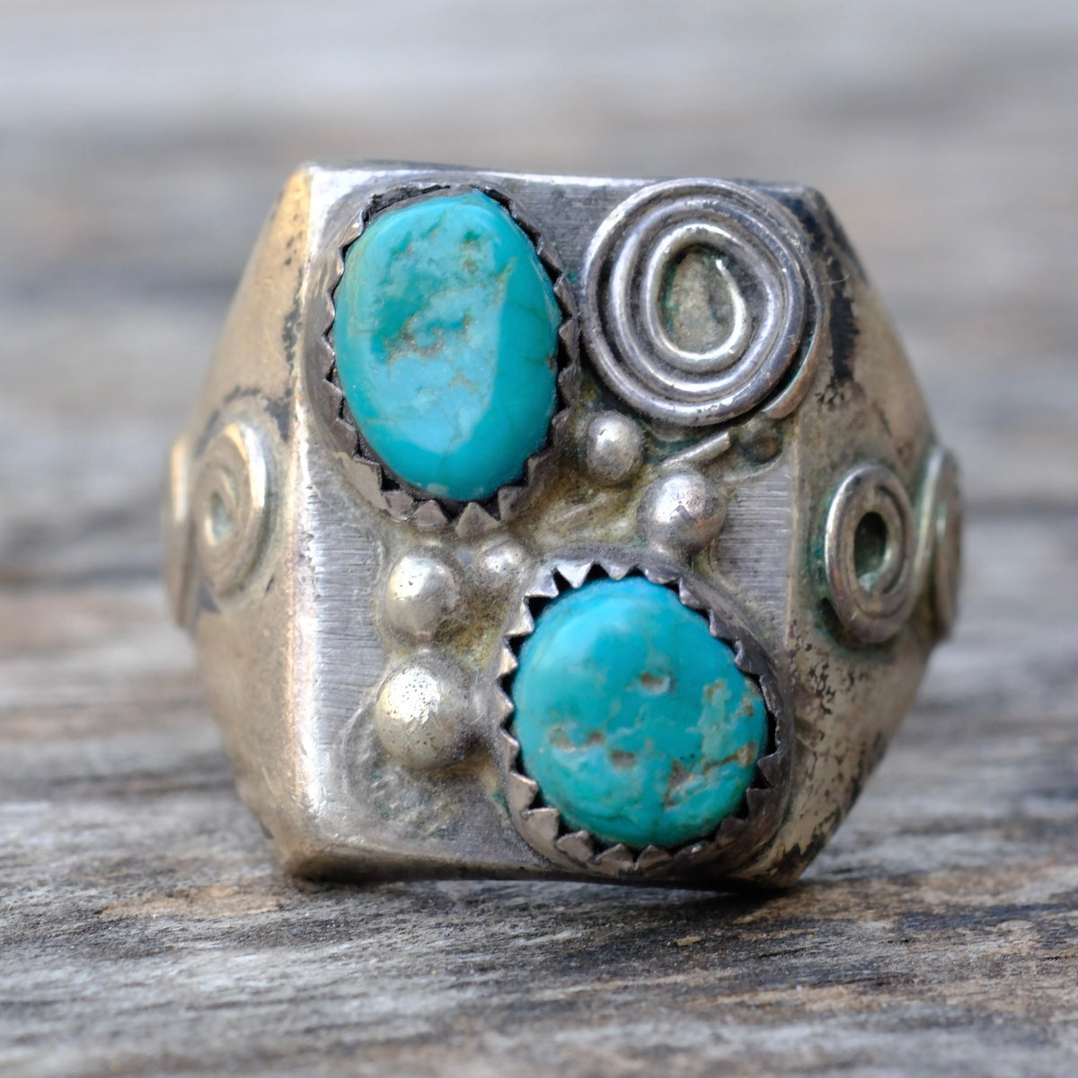 Vintage Sterling 2-Stone Turquoise Ring 10.5