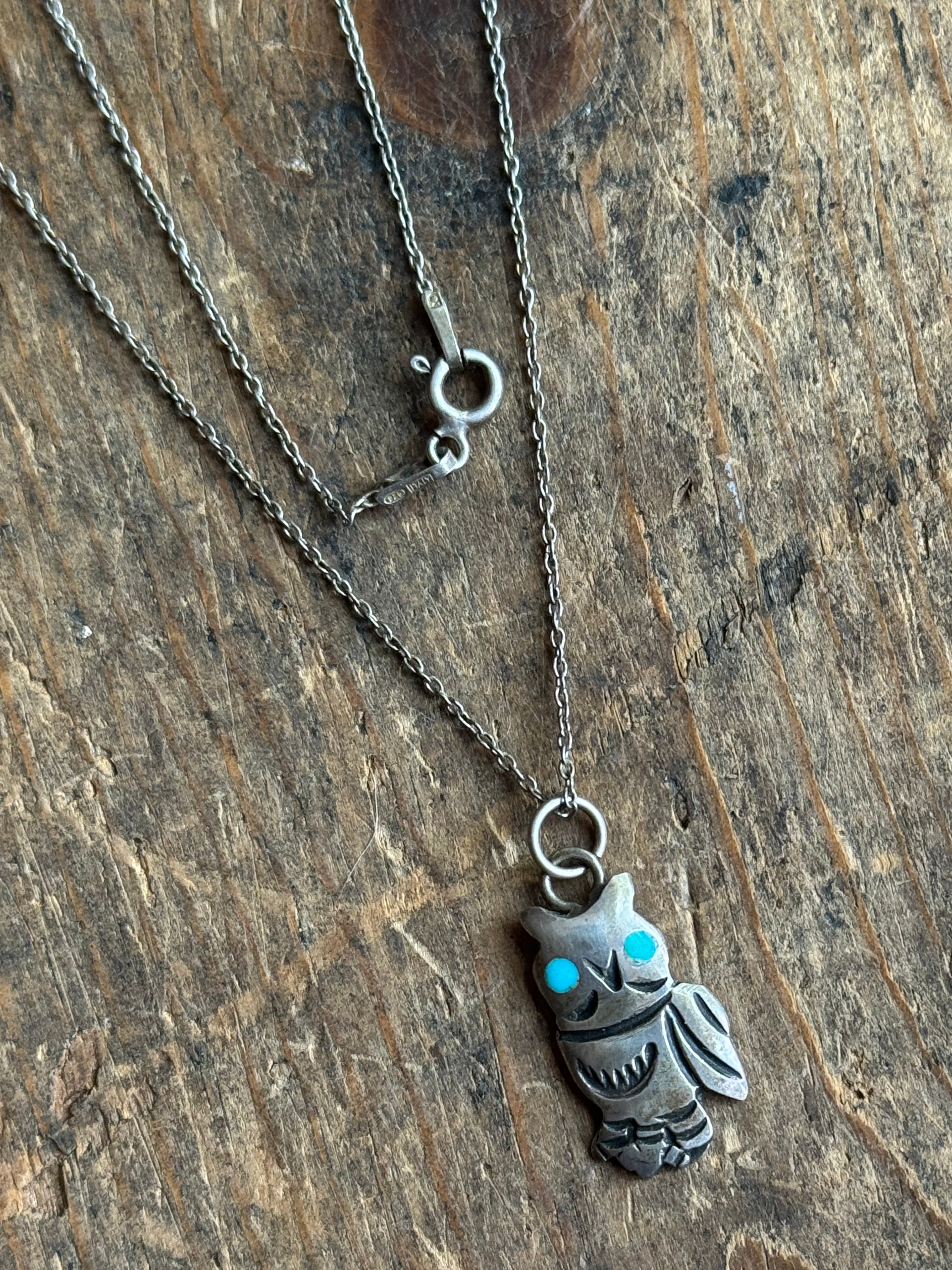 Vintage Sterling Silver Turquoise Owl Necklace