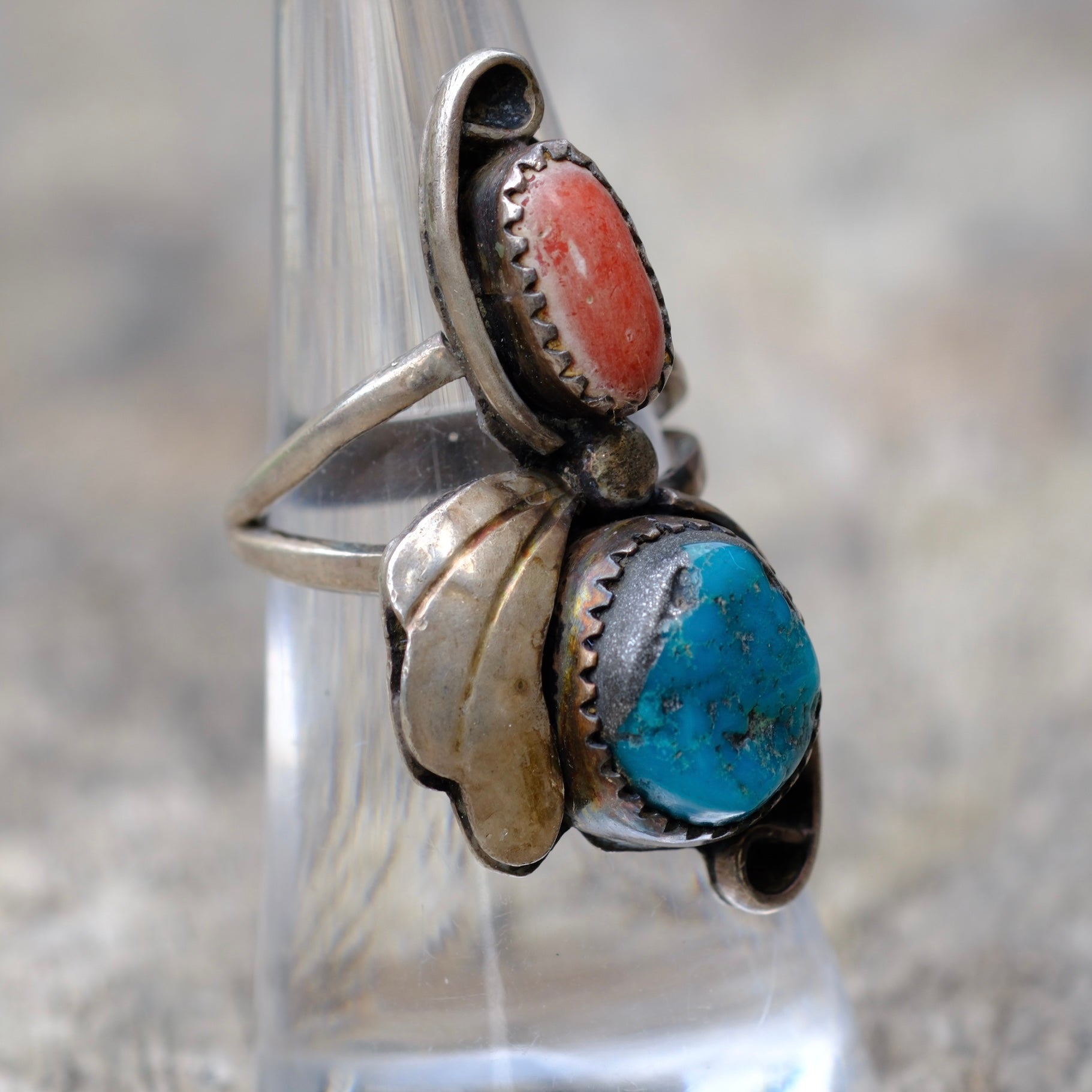 Vintage Sterling Turquoise and Coral Feather Ring 6