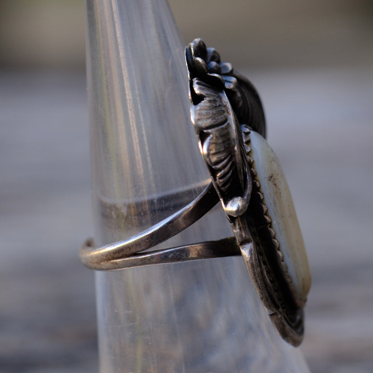 Vintage Sterling Mother Of Pearl Feather Ring 6.5