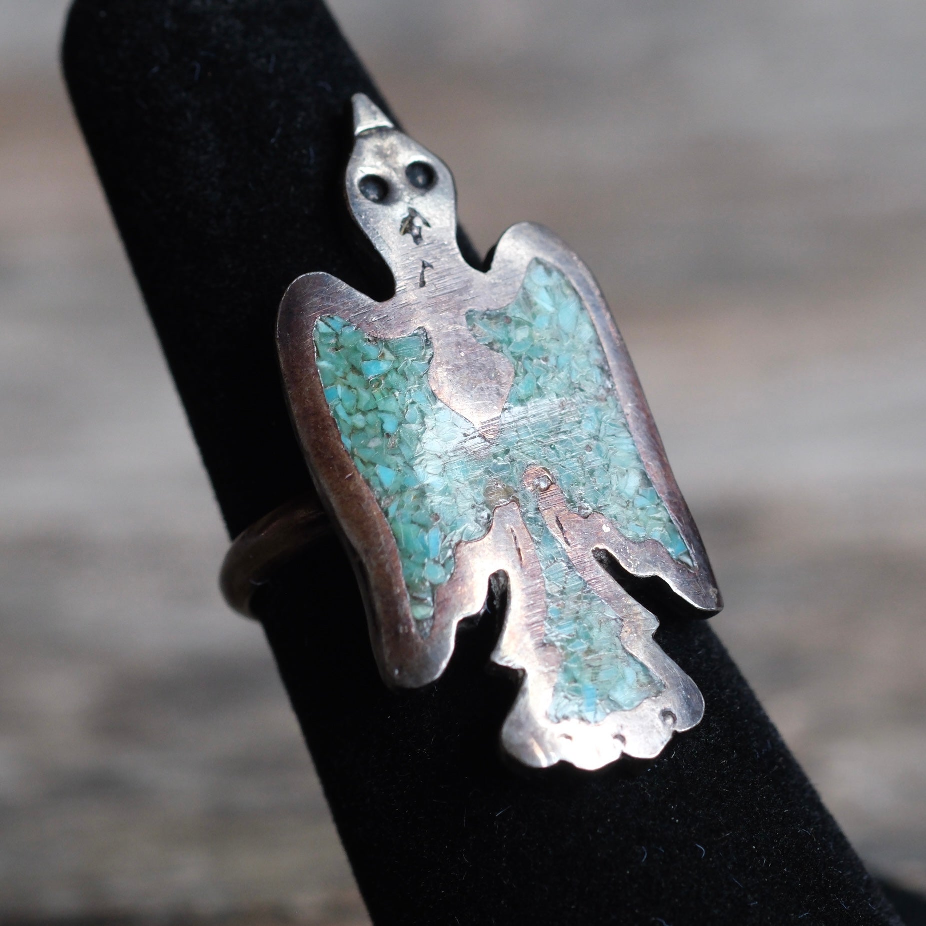 Vintage Sterling Crushed Turquoise Thunderbird Ring 5.5