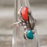 Vintage Sterling Turquoise and Coral Feather Ring 5