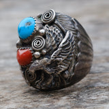 Vintage Sterling Turquoise and Coral Eagle Ring 11