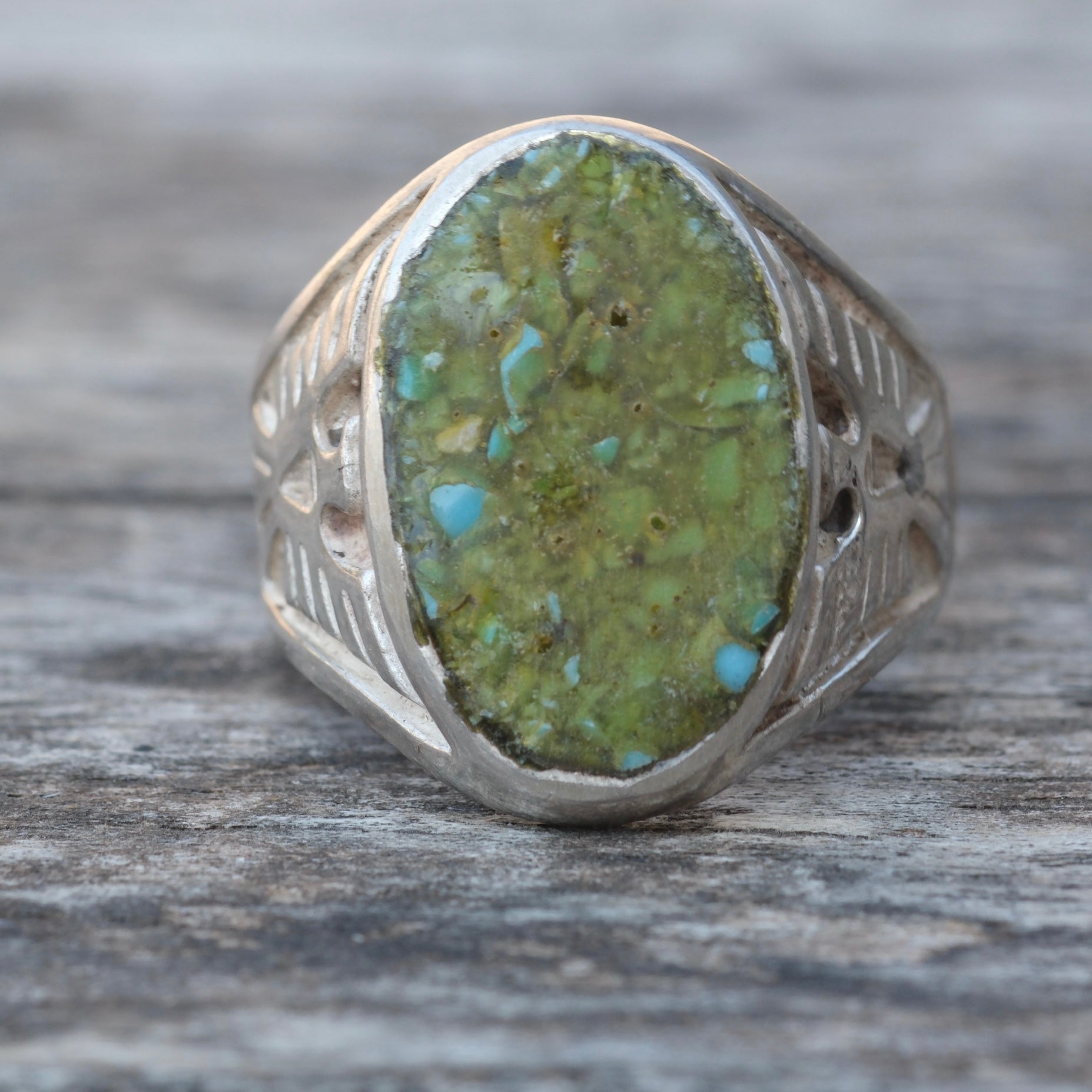 Vintage Sterling Crushed Turquoise Thunderbird Ring 9.5