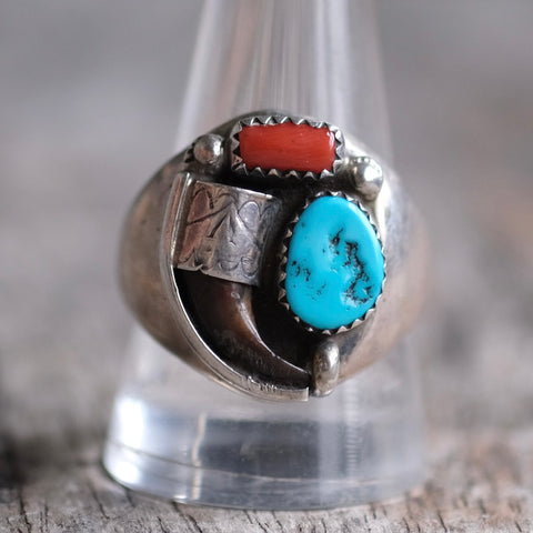 Vintage Sterling Turquoise and Coral Claw Ring 12