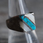 Vintage Sterling Mother Of Pearl and Turquoise Inlay Striper Ring 8.25