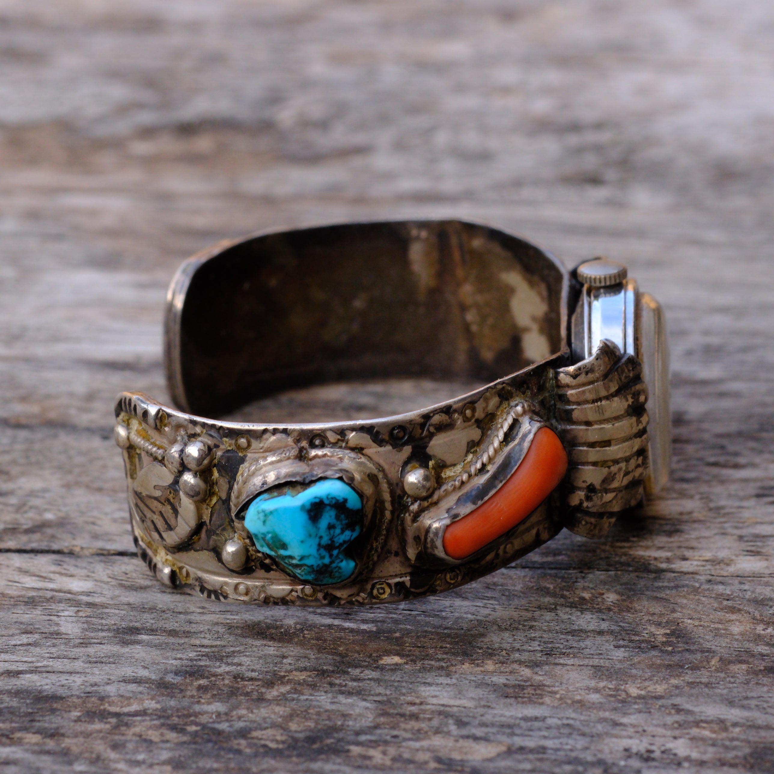 Vintage Sterling Turquoise and Coral Cuff Watch Cuff Bracelet