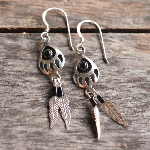Vintage Sterling Lapis Bear Paw Feather Earrings