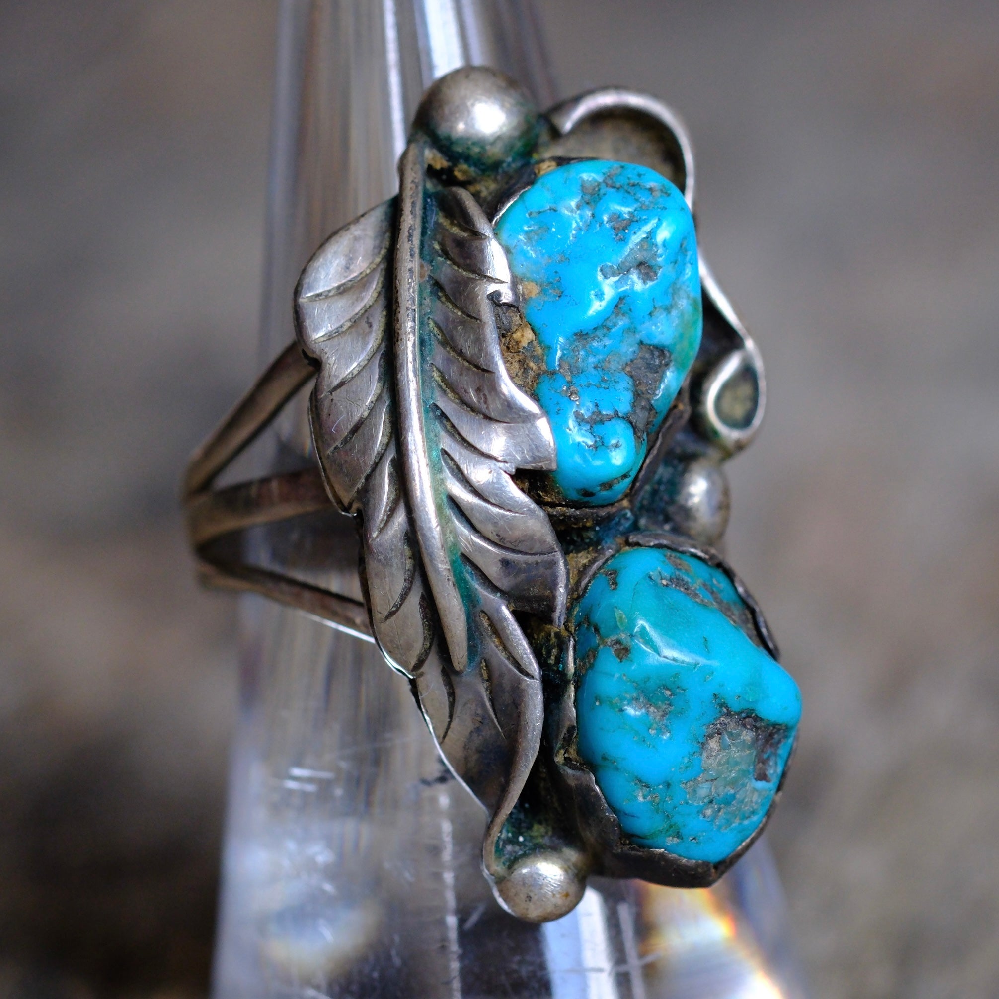 Vintage Sterling 2-Stone Turquoise Feather Ring 7.5