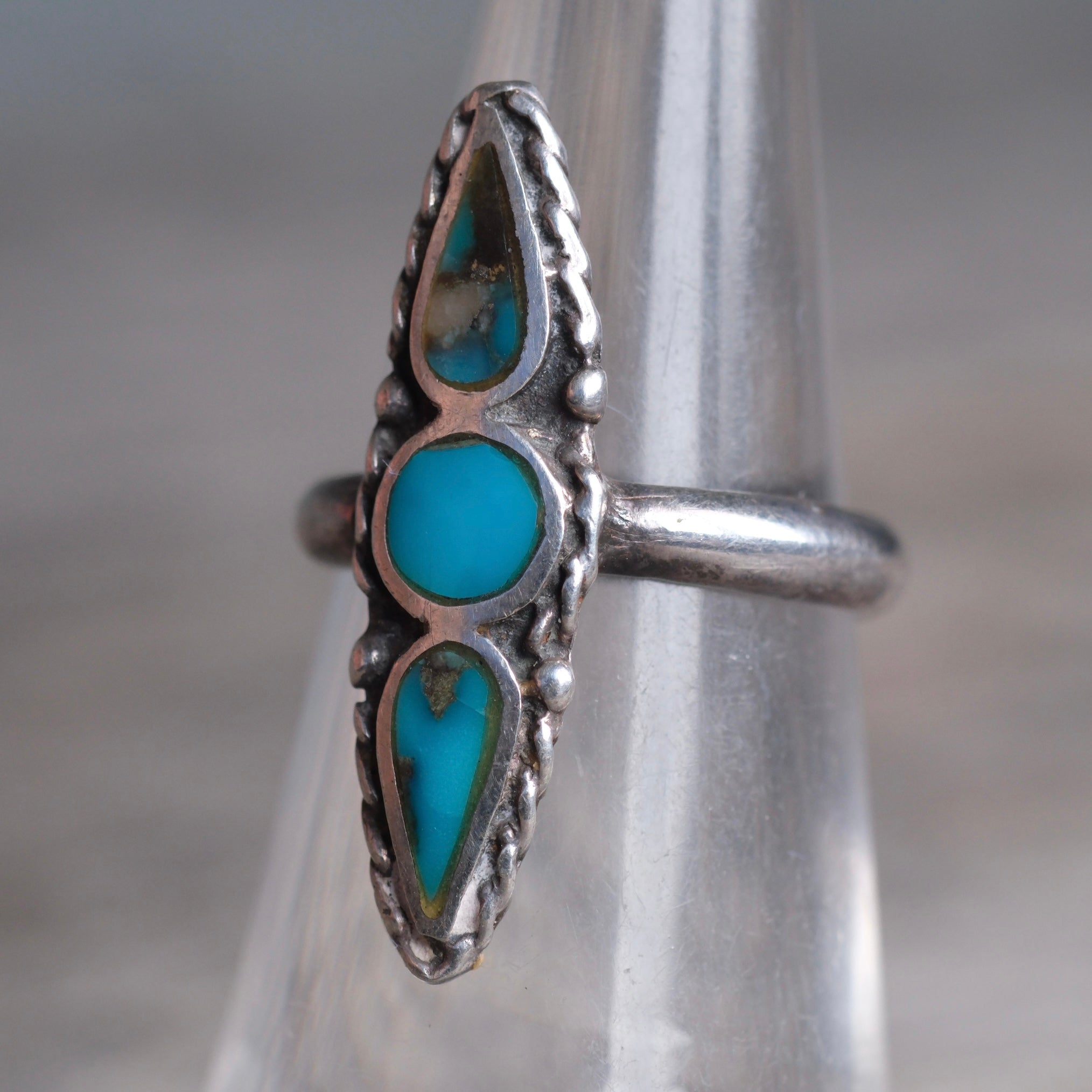 Vintage Sterling Turquoise Inlay Roper Ring 5
