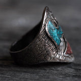 Vintage Sterling Crushed Turquoise and Coral Inlay Thunderbird Ring 8.25