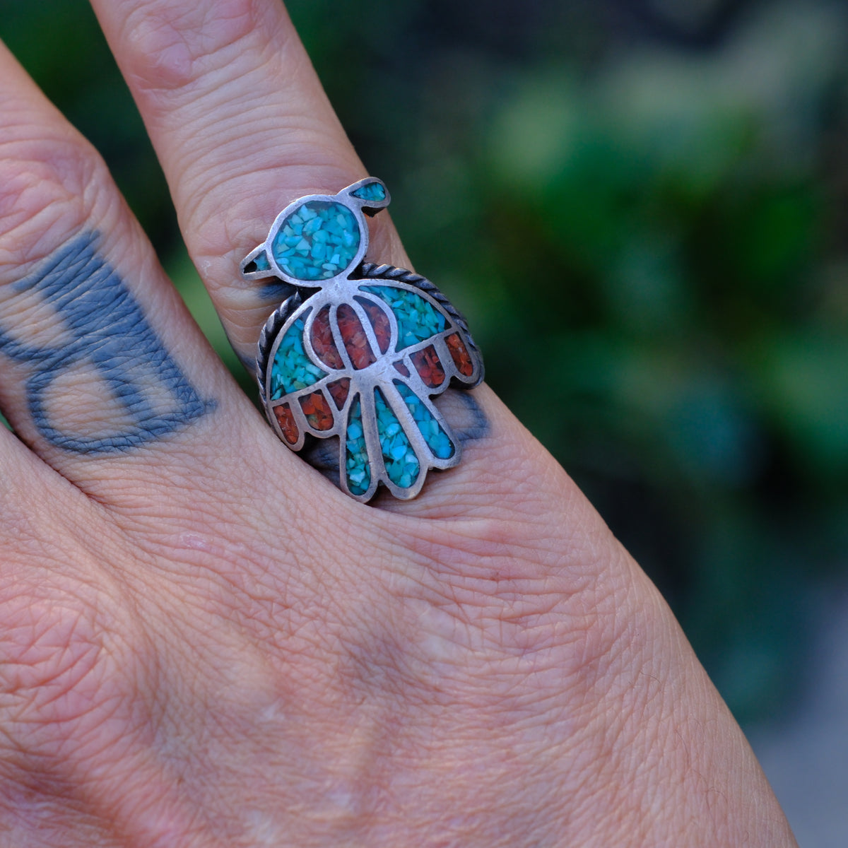 Vintage Sterling Turquoise and Coral Inlay Thunderbird Ring 6.75