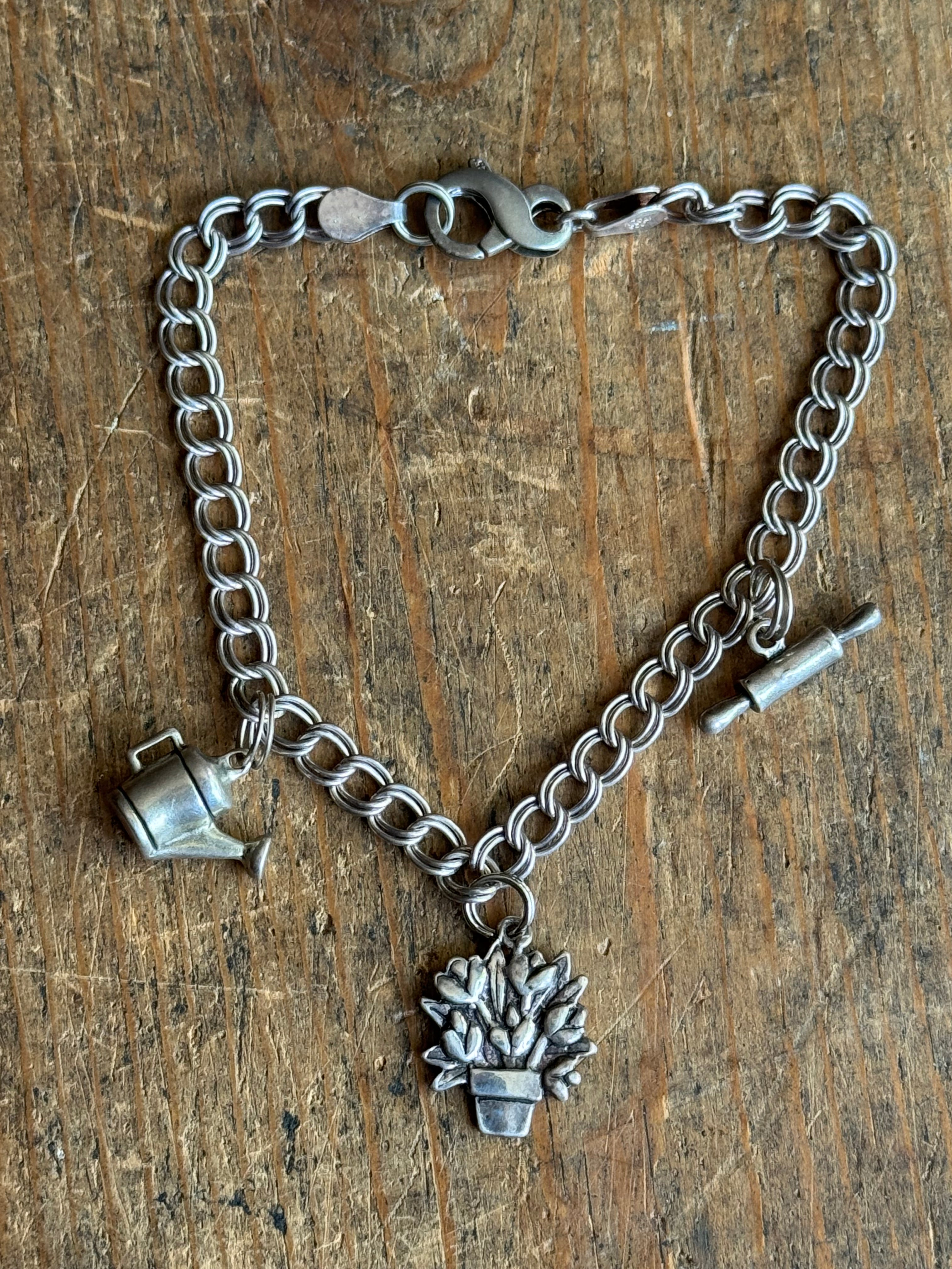 Vintage Sterling Silver 8” Double Link Chain Charm Bracelet