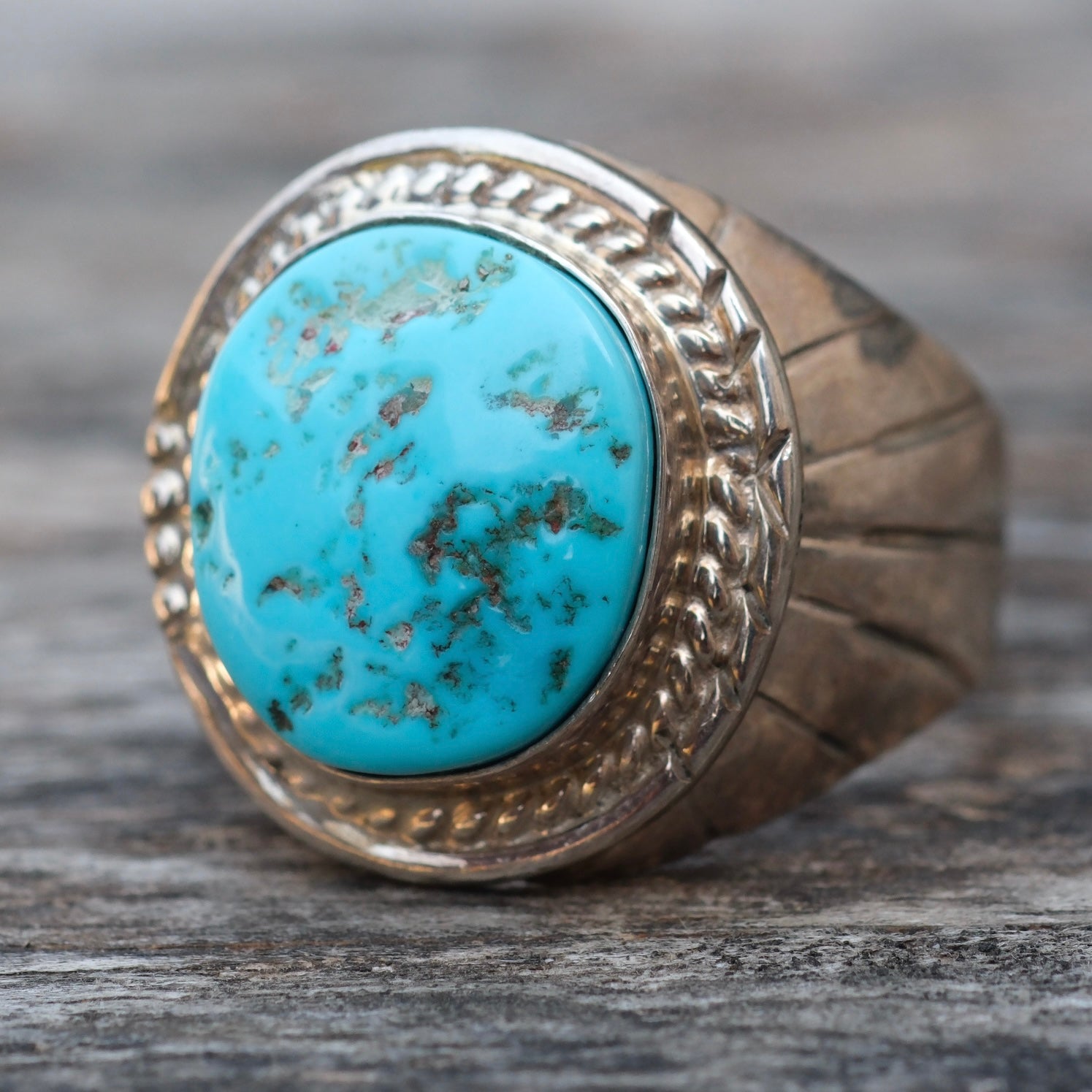 Vintage Sterling Turquoise Ribbed Band Ring 12.25