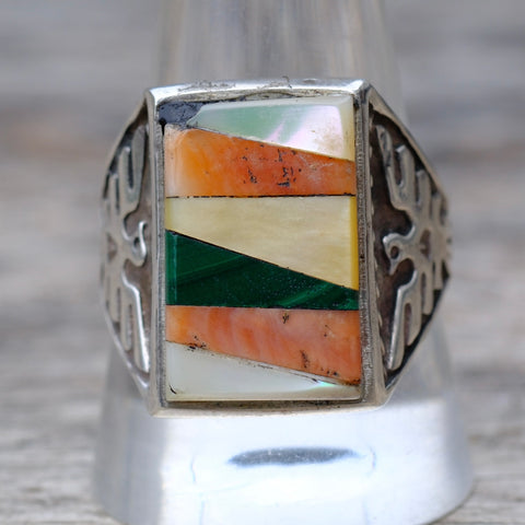 Vintage Sterling Multistone Inlay Thunderbird Ring 11.25