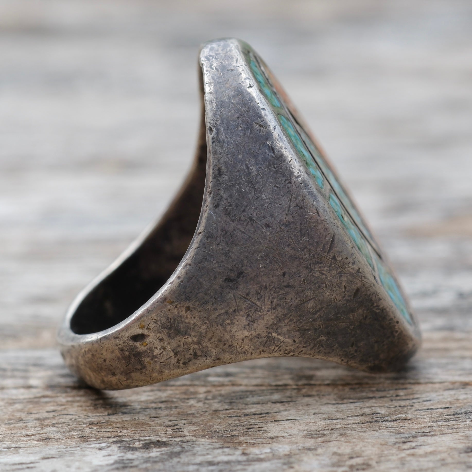 Vintage Sterling Crushed Turquoise and Coral Inlay Ring 9