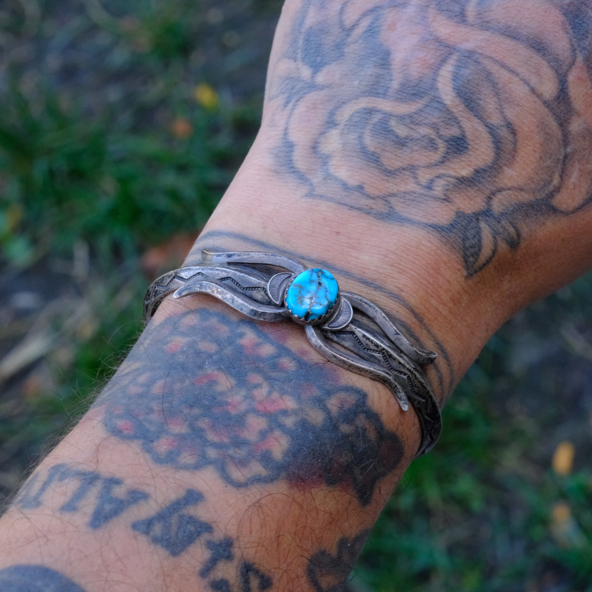 Vintage Sterling Turquoise Stamped Cuff Braceletx