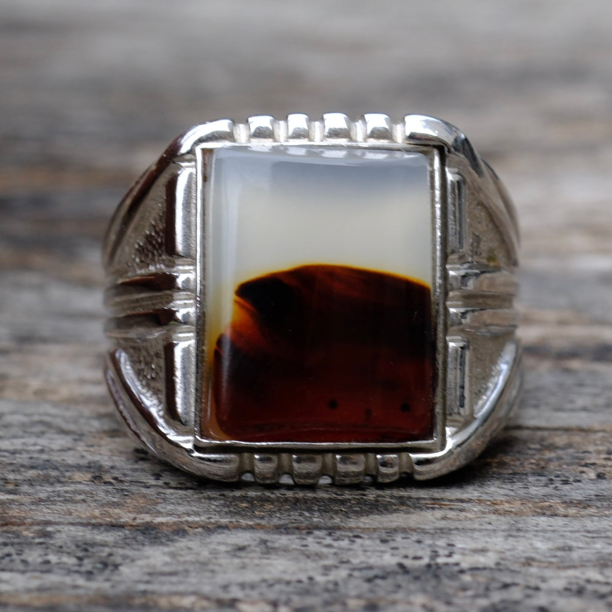 Vintage Sterling Agate Signet Ring 9.75