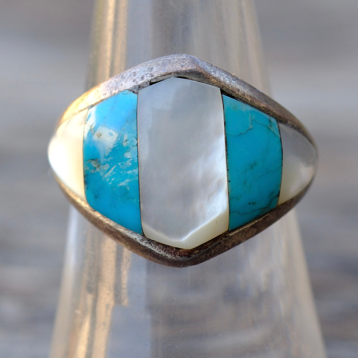 Vintage Sterling Mother Of Pearl Inlay Ring 7.25