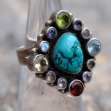 Vintage Sterling Turquoise and Gemstone Cluster Ring 6.25