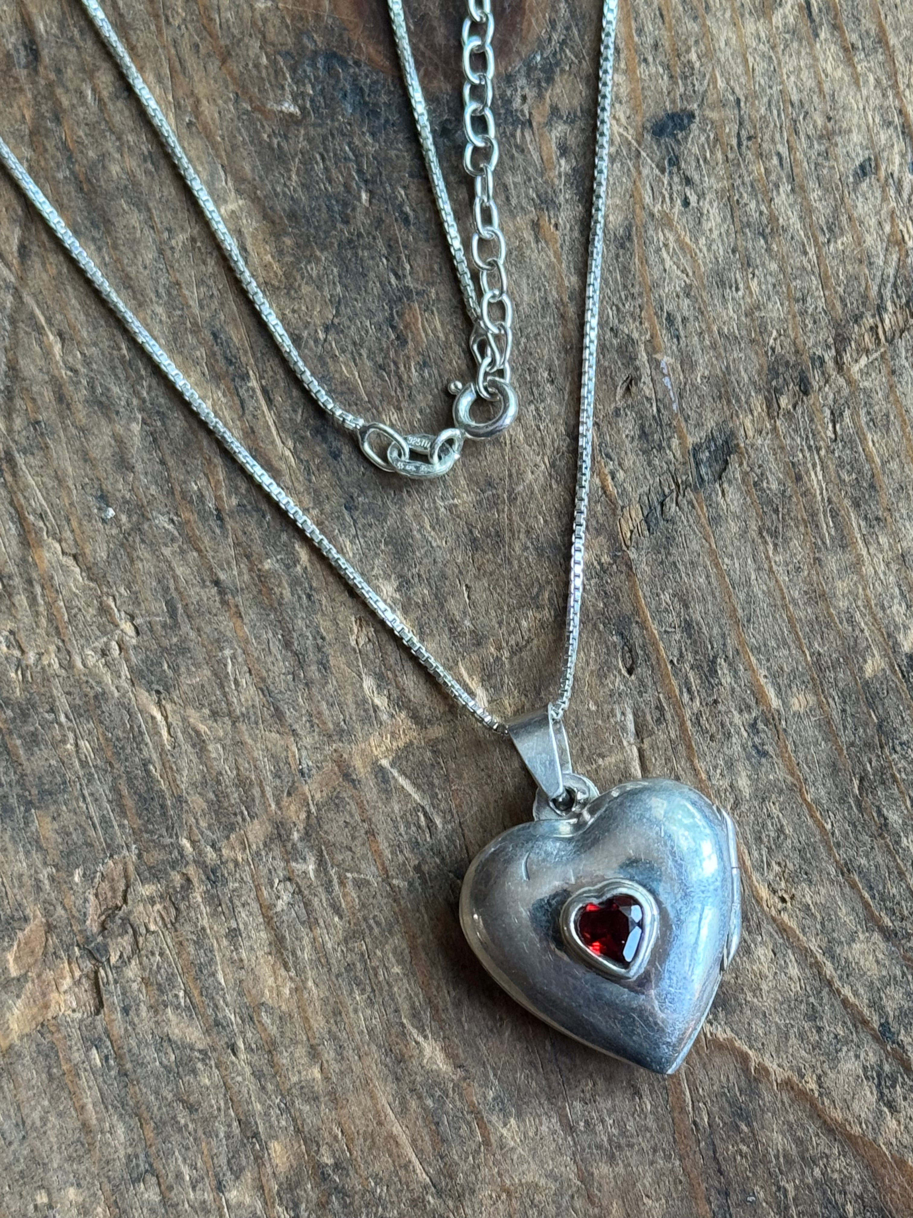 Vintage Sterling Silver Garnet Heart Locket Necklace