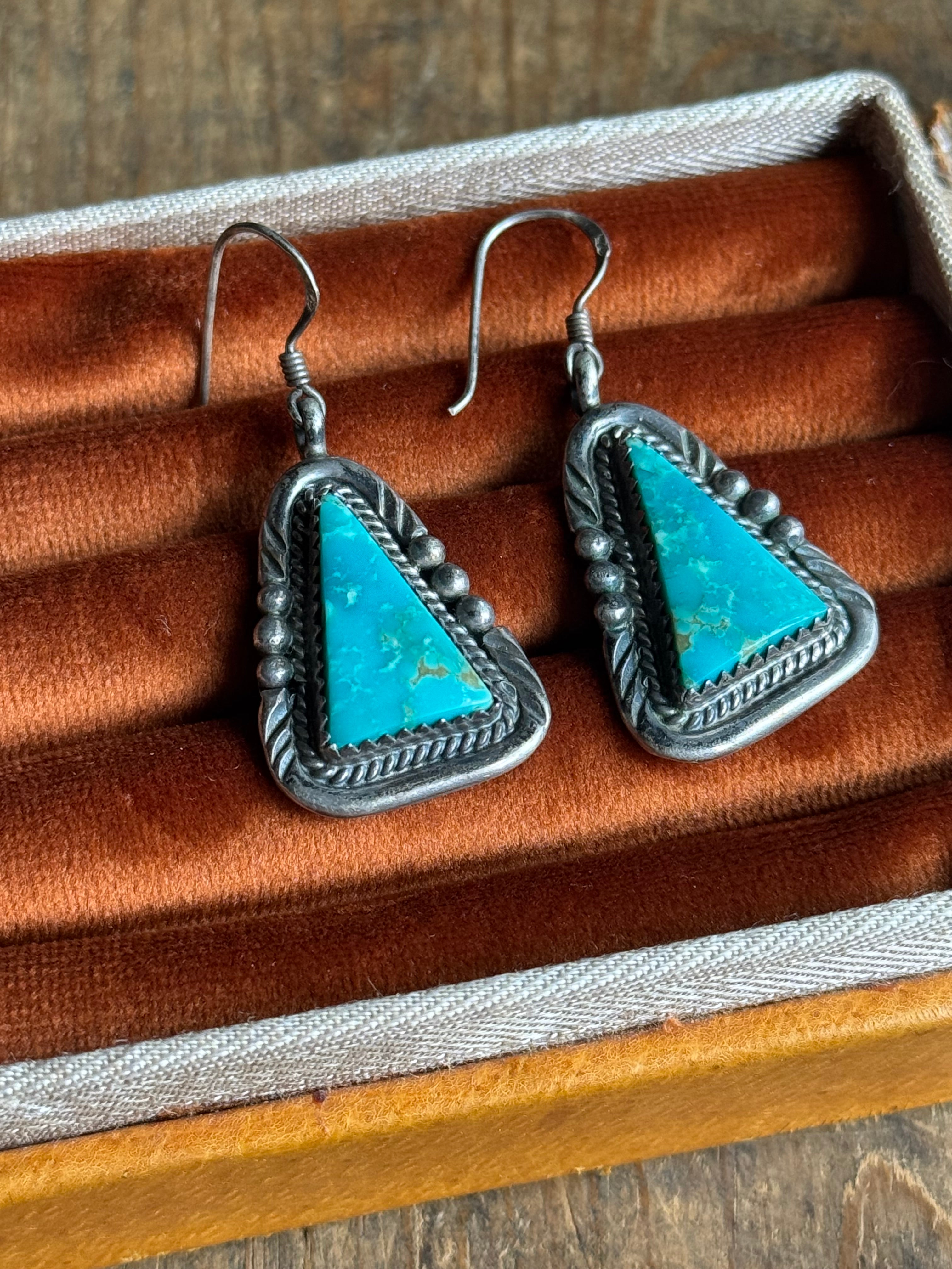 Vintage Sterling Silver Framed Turquoise Triangle Earrings