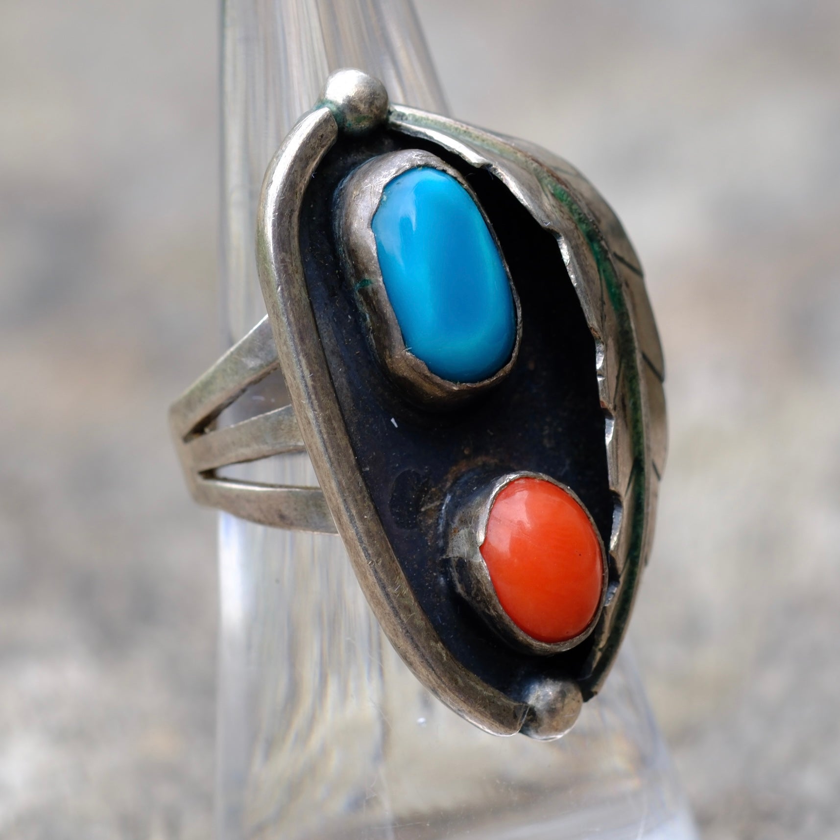Vintage Sterling Turquoise and Coral Feather Ring 6.5