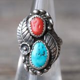 Vintage Sterling Turquoise and Coral Feather Ring 6.5