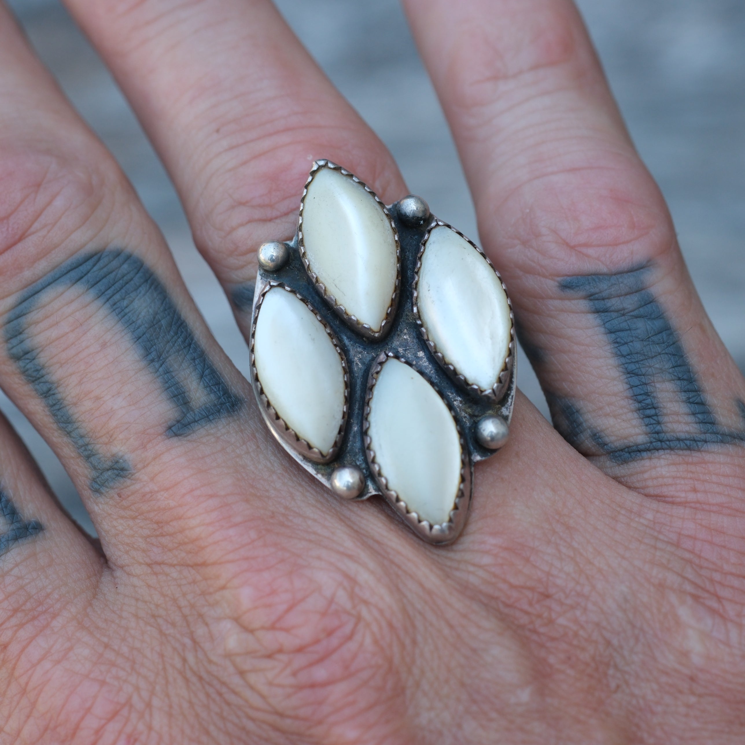 Vintage Sterling Mother Of Pearl Cluster Ring 8.75