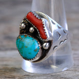 Vintage Sterling Turquoise and Coral Stamped Band Ring 12.5