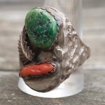 Vintage Sterling Turquoise and Coral Feather Ring 12.75