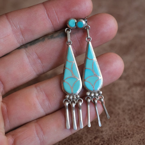 Vintage STerling Turquoise Inlay Earrings