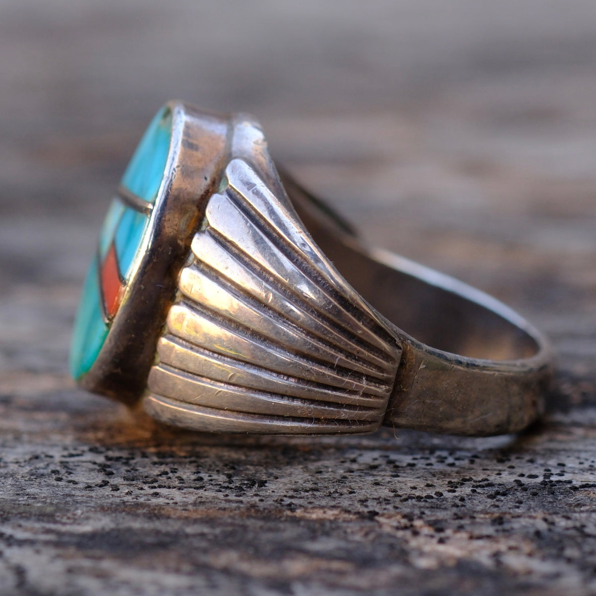 Vintage Sterling Multistone Inlay RIbbed Band Ring 10