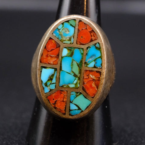 Vintage Sterling Crushed Turquoise and Coral Inlay Ring 9.25