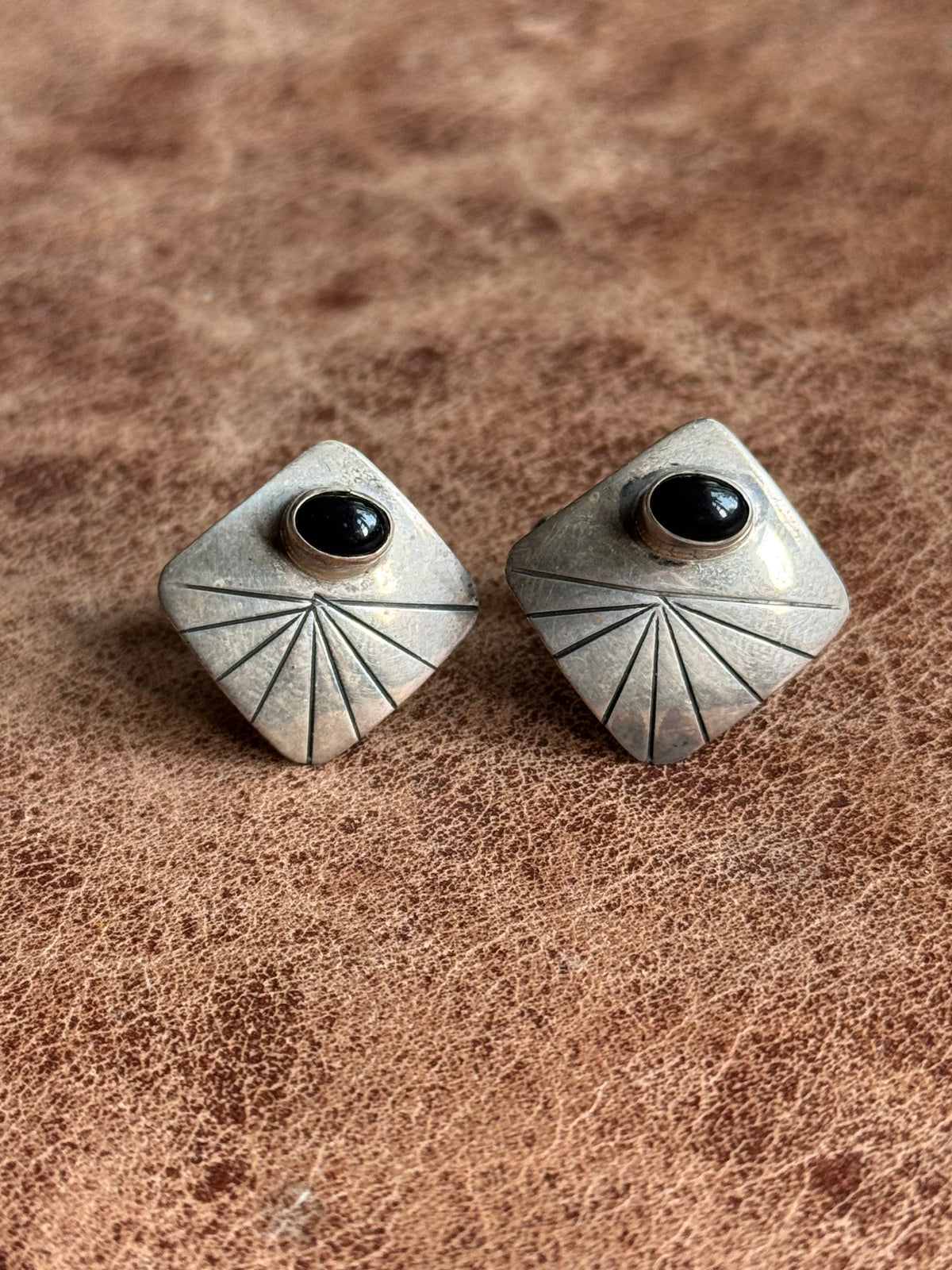 Vintage Sterling Silver Stamped Onyx Square Cufflinks