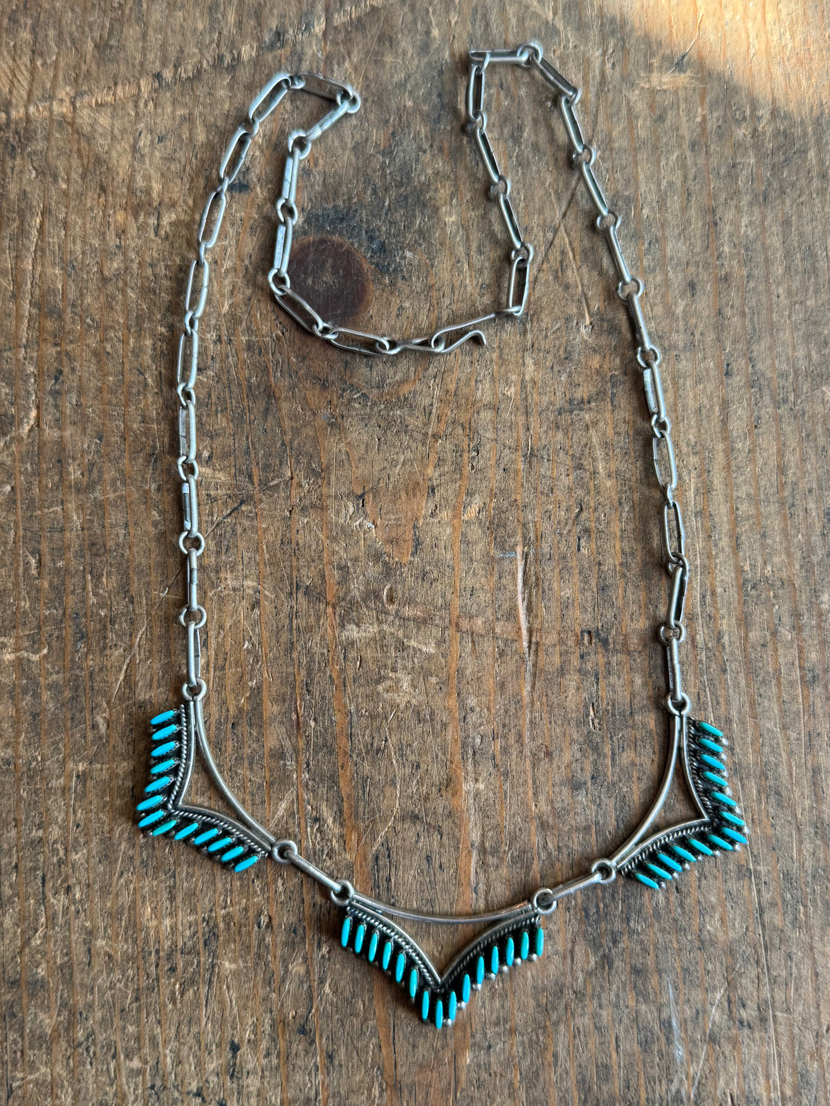 Vintage Sterling Silver Petit Point Turquoise Shield Necklace