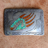 Vintage Sterling Turquoise and Coral Inlay Claw Belt Buckle