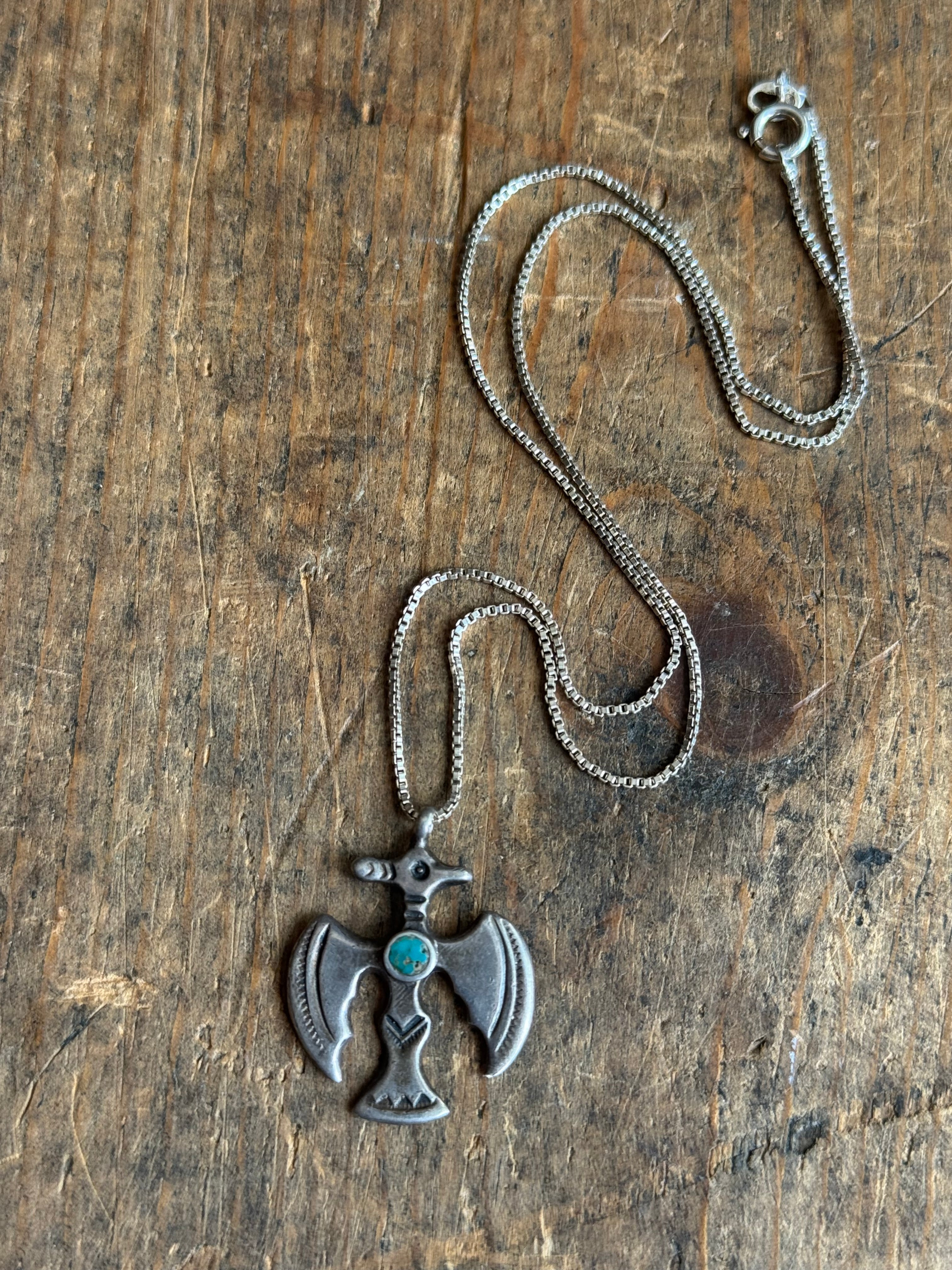 Vintage Sterling Silver Crushed Turquoise Inlay Thunderbird Necklace