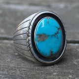 Vintage Sterling Turquoise Ribbed Band Ring 9