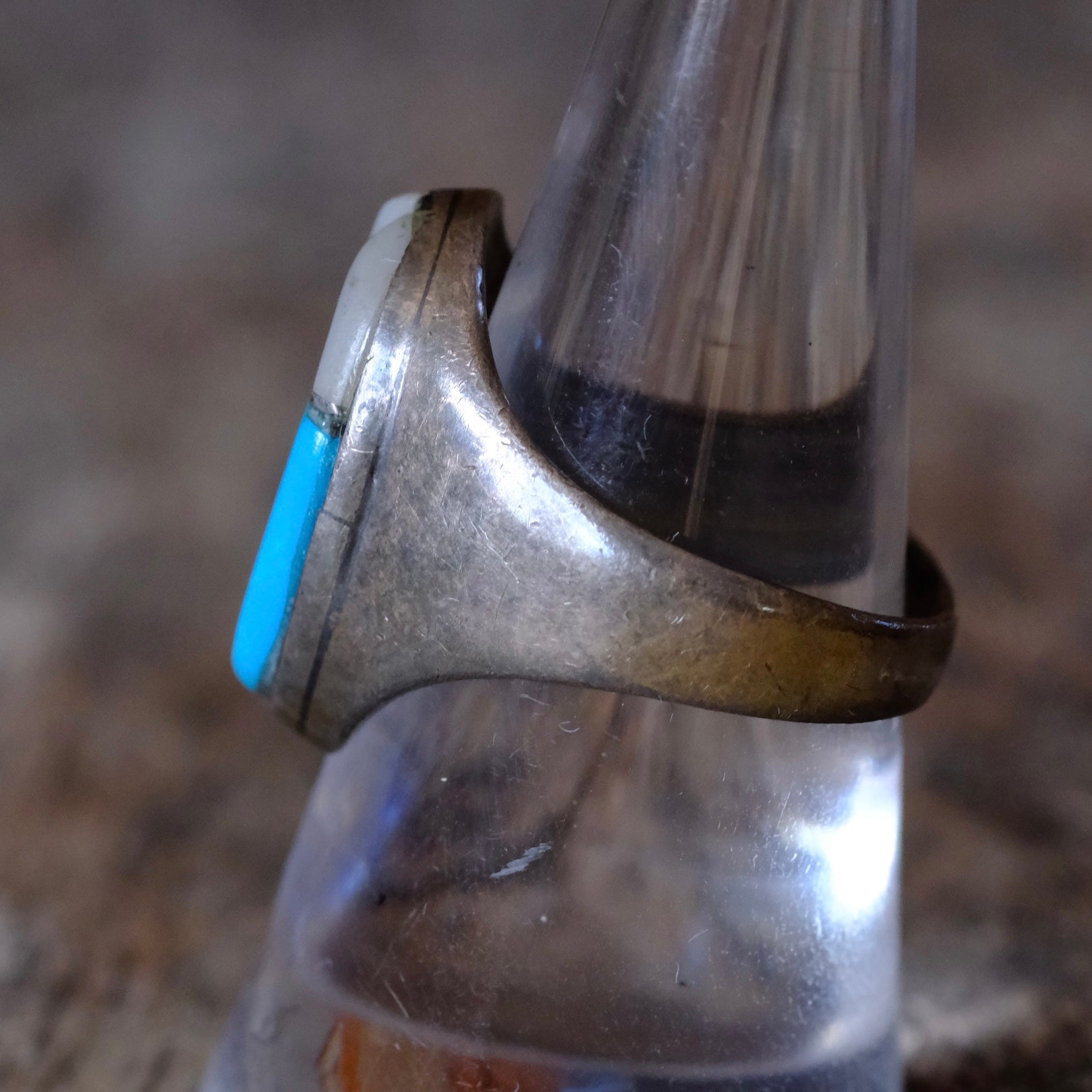 Vintage Sterling Turquoise and Mother Of Pearl Inlay Ring 8.25
