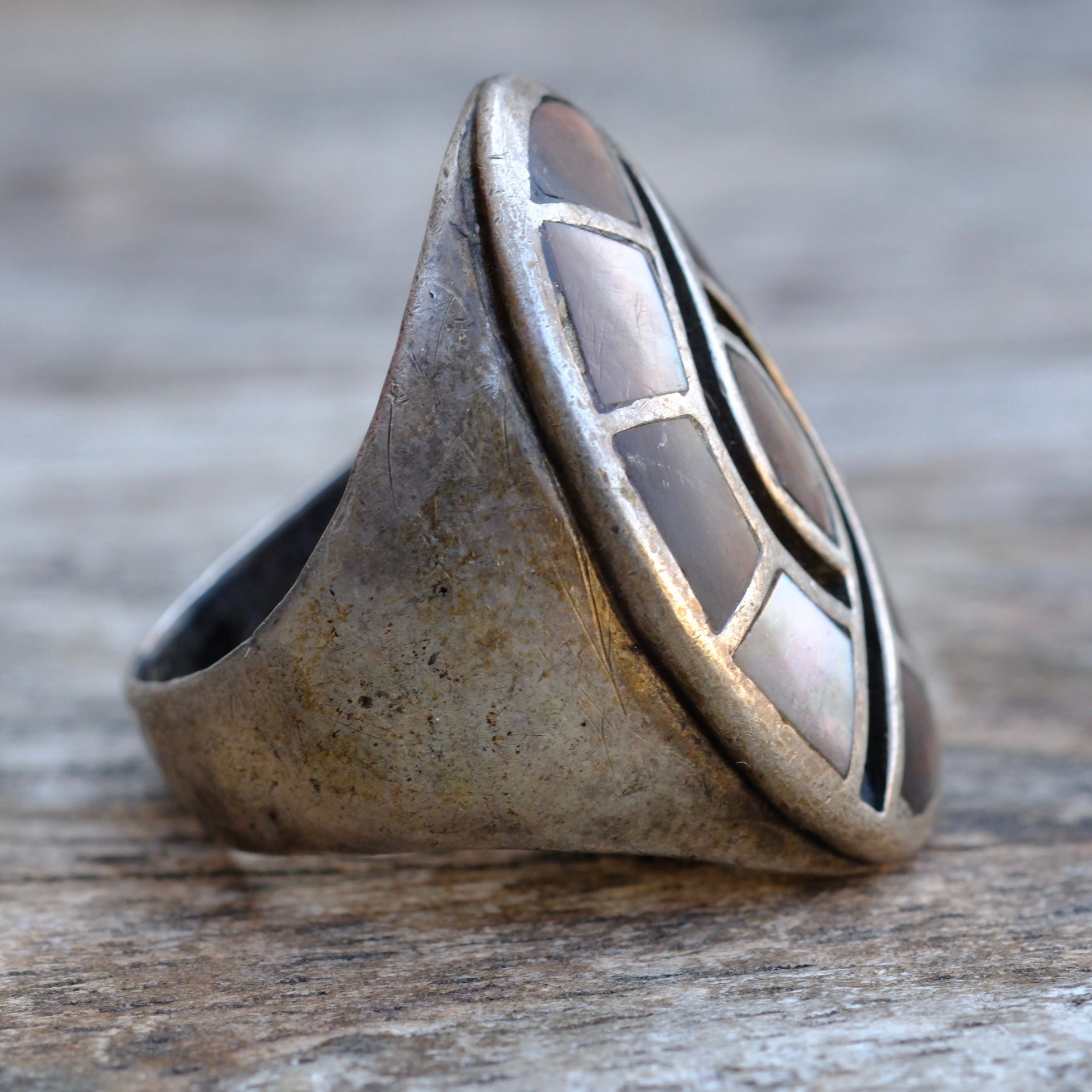 Vintage Sterling MOP and Abalone Inlay Hummingbird Ring 9