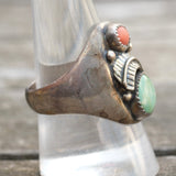 Vintage Sterling Turquoise and Coral Feather Ring 9.75