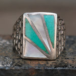 Vintage Sterling Turquoise and Mother Of Pearl Sunrise Ring 10.75